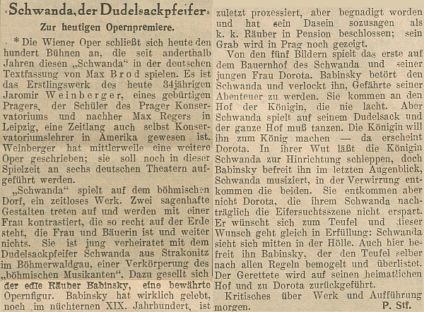 "Schwanda" je tu ve zprávě o uvedení Weinbergerovy opery ve Vídni označen jako dudák "aus Strakonitz im Böhmerwaldgau"!