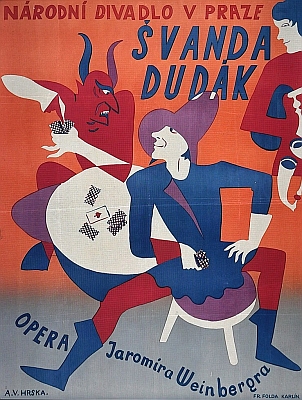 Jaromír Weinberger (1896-1967) a plakát Alexandra V. Hrsky k premiéře jeho opery v pražském Národním divadle roku 1927 s libretem Miloše Kareše, ještě před Brodovým přepracováním