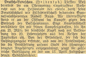 Zpráva o smrti bratra Rudiho na stránkách českobudějovického německého listu