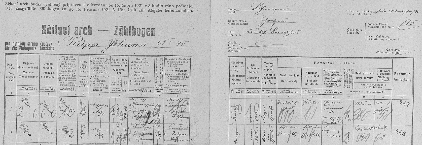 Arch sčítání lidu z roku 1921 pro dům čp. 95 v tehdejším Německém Benešově zaznamenává jen manželský pár jejích rodičů ještě před jejím narozením