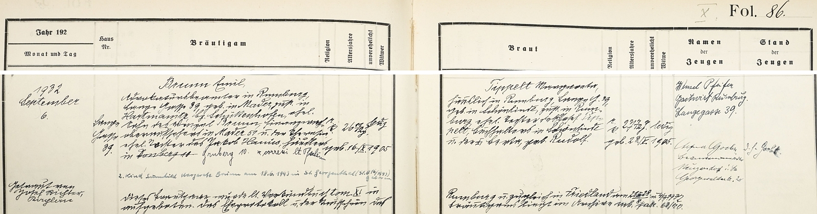 Záznam o svatbě v rumburské oddací matrice