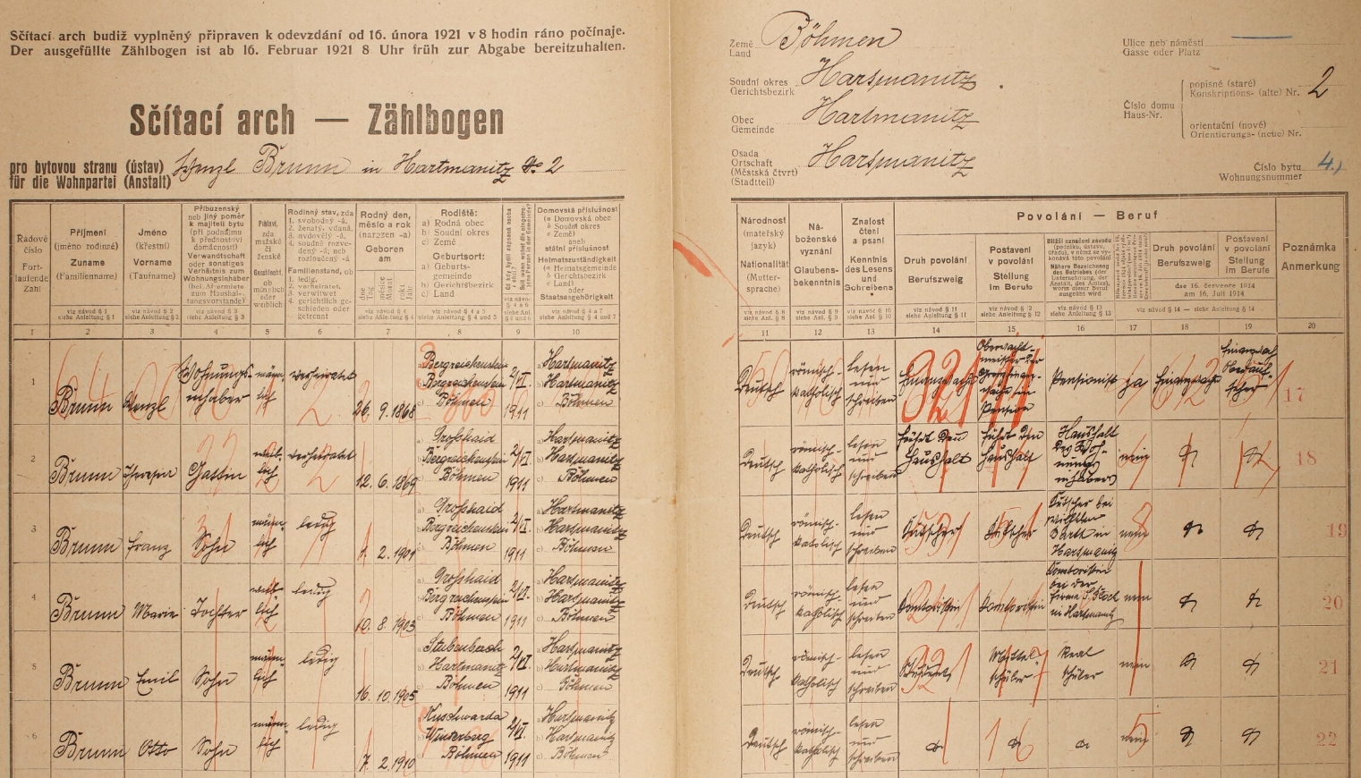 Arch sčítání lidu z roku 1921 dům čp. 2 v Hartmanicích s chybným místem jeho narození