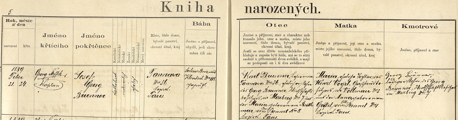 Záznam křestní matriky farní obce Klenčí pod Čerchovem o narození jeho syna Josefa ve Ždánově (Tannawa), kde se dočítáme i data Karlovy manželky a Josefovy matky Marie, roz. Vogelové