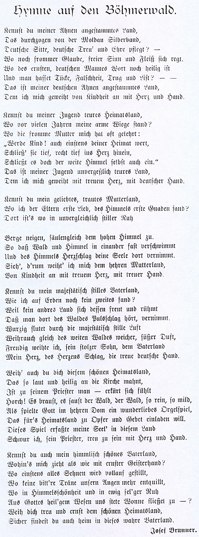 Jeho "hymnus na Šumavu", který Rupert Essl nalezl v nějakém časopise (nejspíš jde o Peterův Der Böhmerwald) a otiskl bez udání pramene v separátu starých novinových zpráv o okolí Horní Plané