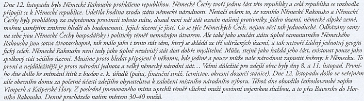 Zápis z listopadu 1918 v kronice školy v šumavské Kvildě, kde učil v letech 1878-1918 jeho otec