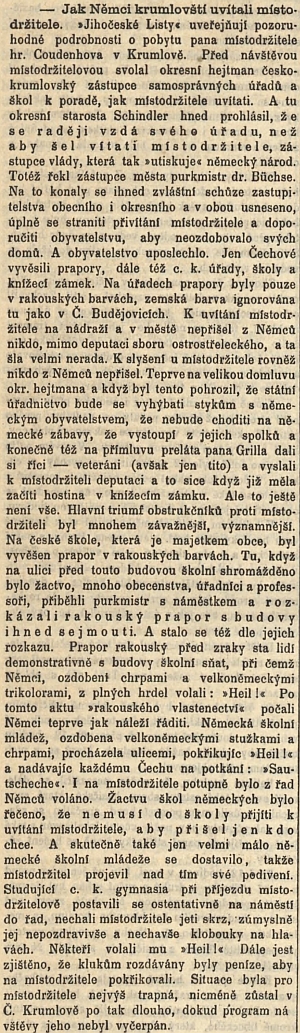 ... a zpráva Národních listů o této "aféře" s uvítáním místodržícího hraběte Coudenhove v Českém Krumlově v roce 1898