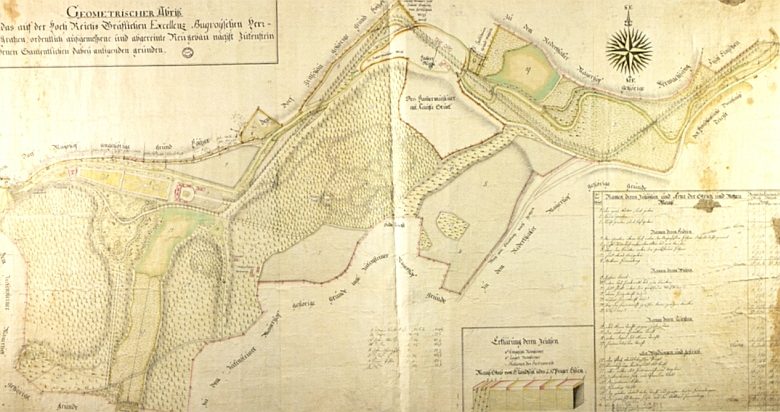 Geometrický plán parku v Terčině údolí z doby před rokem 1796, jak ho vypracoval Johann Franz Riemer, inženýr v buquoyských službách, mj. i autor projektu dnes zříceného kostela v Pohoří na Šumavě