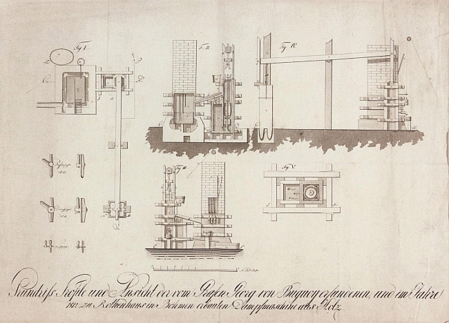 Nákres dřevěného parního stroje, jím vynalezeného roku 1812 v Červeném Hrádku