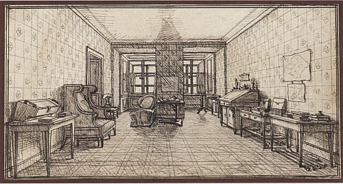 Dvě kresby synovy zachycují jeho pracovnu v pražském Buquoyském paláci