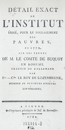 Titulní list německého a francouzského vydání zpráv buquoyského Chudinského ústavu z let 1780 a 1784