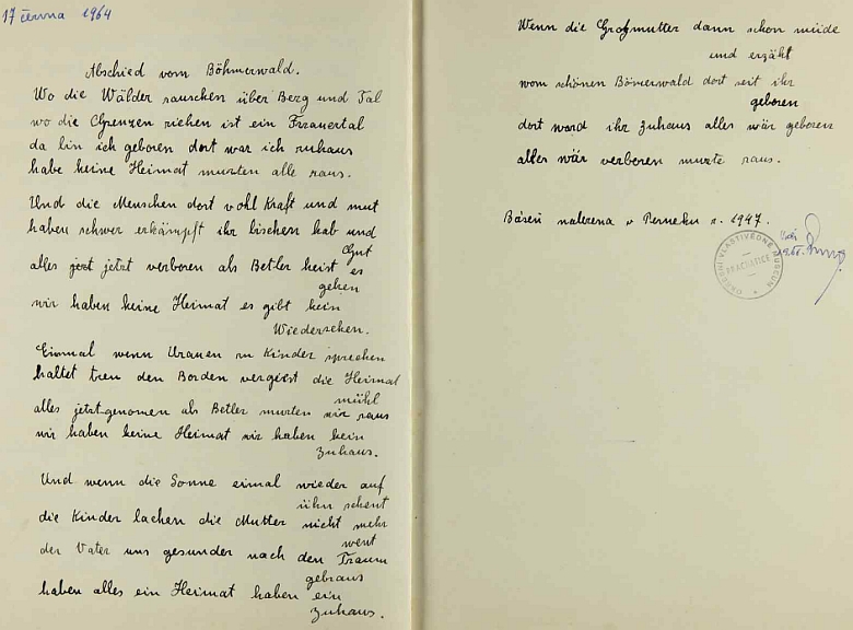 Dvě stránky ze závěru kroniky obce Želnava, vedené v letech 1957-1964 spisovatelkou Marí Duškovou (1903-1968, některé prameny uvádějí, že zemřela v Želnavě, jiné že v Praze) a spisovatelem Josefem (Jožou) Mádlem (1883 - 1964, ten zemřel 9. února roku 1964 v Horní Plané), kde je zapsána v originále anonymní báseň "Abschied vom Böhmerwald", nalezená podle připojené poznámky v Perneku roku 1947