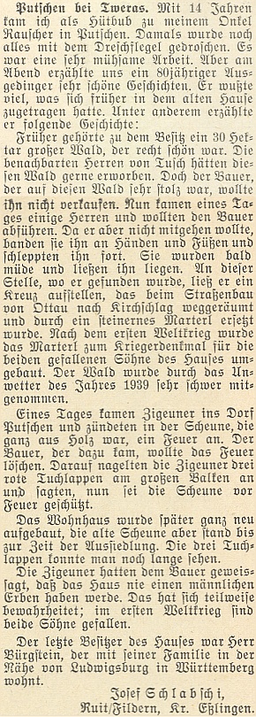 Krajan Schlabschi tady v roce 1953 vzpomíná na dnes zaniklé Bučí a chalupu čp.11, jejímž posledním majitelem byl Johann Bürgstein