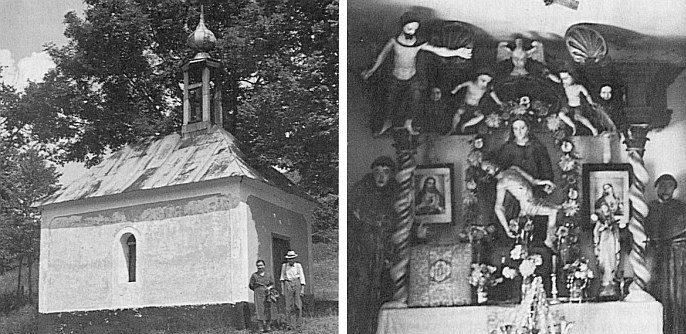 Kaple Bolestné Matky Boží v Suši a její vnitřek na snímku z roku 1967...