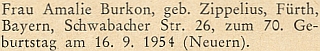 Blahopřání k sedmdesátinám jeho babičky Amalie na stránkách krajanského měsíčníku v září roku 1954