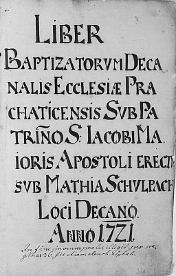 Titulní list (1721) prachatické křestní matriky, kde jsou vedle jeho narození zaznamenána i narození několika jeho sourozenců z rodiny Bylanských z Bylan