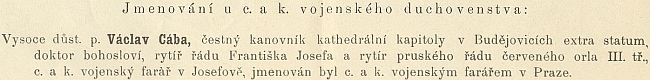 Zpráva o jeho jmenování c.k. vojenským farářem v Praze na stránkách ordinariátního listu budějovické diecéze