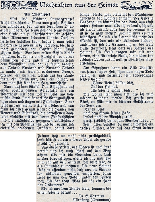 Dojmy z jeho pobytu na vrcholu hory Ostrý 1. máje roku 1958 - horní třetina cesty nahoru byla ještě "silně zledovatělá"