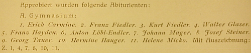 Záznam o jeho maturitní zkoušce s vyznamenáním na německém státním vyšším reálném gymnáziu v Českých Budějovicích ve školním roce 1924/1925