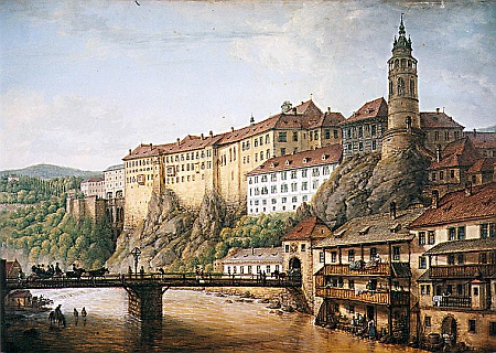 Panorama zámku v České Krumlově s Lazebnickým mostem zachytil Ferdinand Runk
kvašem na papíře v roce 1824, tedy ještě 13 let předtím, než tudy projel Carus