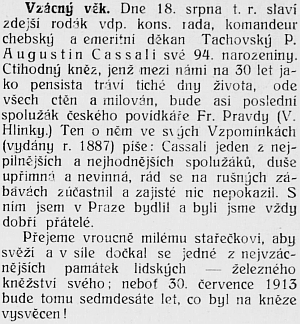 Připomínka jeho 94. nrozenin v jindřichohradeckém týdeníku z roku 1912 nedlouho předtím, než jubilant skonal