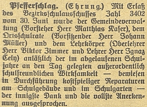 Zpráva v českobudějovickém německém listu jej zmiňuje jako člena učitelského sboru ve "Fefrech" ještě za řídícího učitele Zimmera