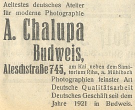 Inzerát otcovy firmy z června 1939 "na nábřeží" Mlýnské stoky