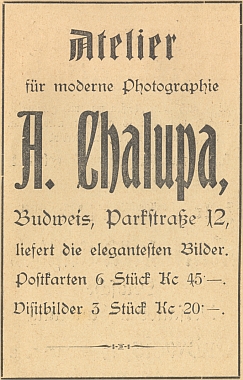 Otcův "Ateliér pro moderní fotografii" sídlil rok po svém založení roku 1921 na českobudějovické adrese "Parkstraße 12"