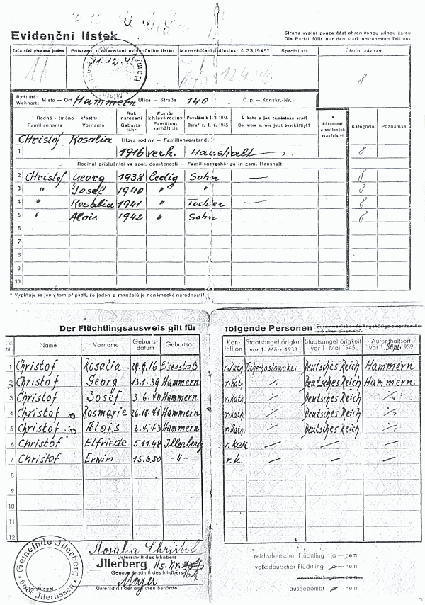 Evidenční lístek pro vysídlence a uprchlický průkaz matky Christofové s jejími dětmi