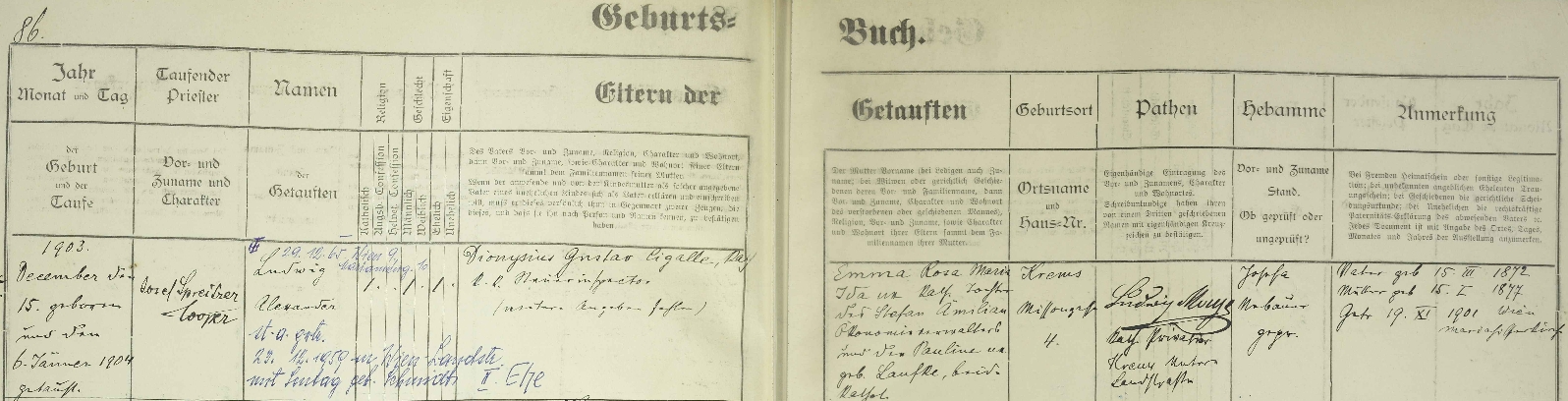 Záznam o jeho narození v křestní matrice při farním kostele sv. Víta v rakouském Kremsu s přípisem o úmrtí