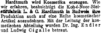 Zpráva v pražských německých novinách, že se firma Koh-i-Noor bude věnovat výrobě kosmetiky a on se bude spolupodílet na vedení příslušného provozu