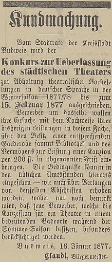 Tady vyhlašuje konkurz na přenechání městského divadla v "zimní sezóně" 1877/78