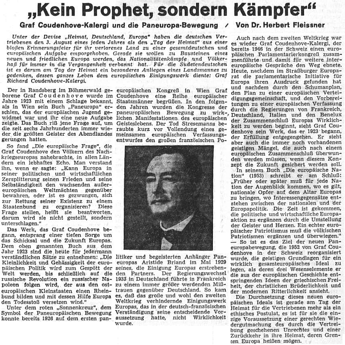 Článek o něm se objevil na stránkách ústředního listu vyhnaných krajanů v srpnu 1953 ke třicátému výročí vydání jeho knihy "Paneuropa"