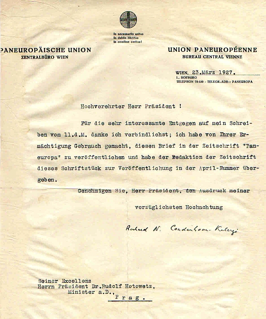 Jeho dopis z roku 1927 Rudolfu Hotowetzovi, významnému národohospodáři a pozdějšímu ministru československých vlád