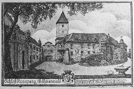 Dva pohledy na zámek v Poběžovicích na starých pohlednicích