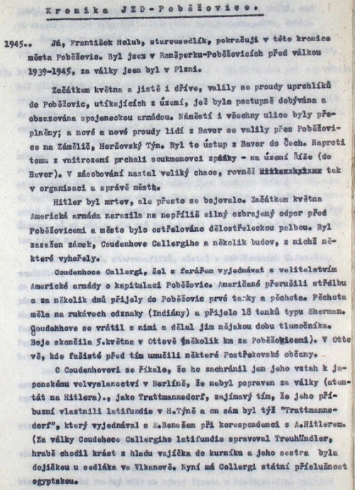 Stránka z poběžovické kroniky, kde se tvrdí, že měl roku 1945 egyptskou státní příslušnost