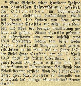Zpráva o učitelském rodu Czastků a hornovltavické škole vyšla v českobudějovickém německém listu 4 dny po jeho úmrtí
