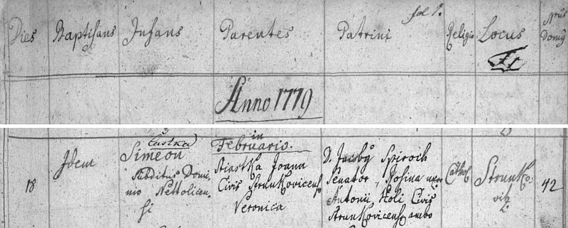 Záznam křestní matriky farní obce Strunkovice nad Blanicí o narození jeho předka Simeona, psaného ještě s příjmením Stiastka