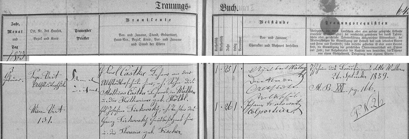 Záznam českobudějovické oddací matriky o jeho zdejší svatbě jako učitele "staroměstské" školy v únoru roku 1873