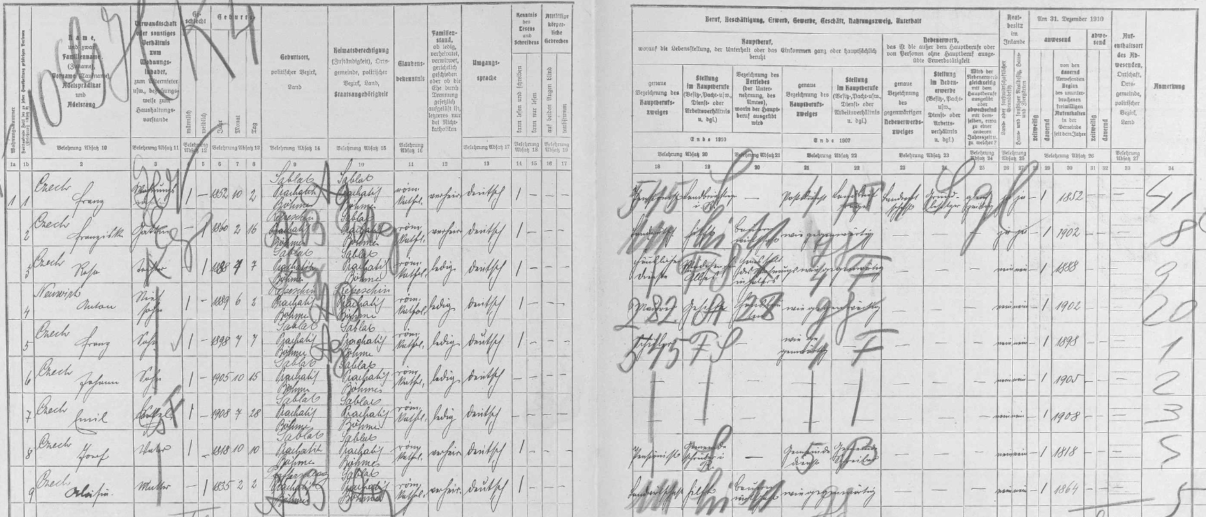 Arch sčítání lidu z roku 1910 pro dům čp. 60 v Záblatí, který koupil jeho syn Franz, u něhož otec se svou druhou ženou žil