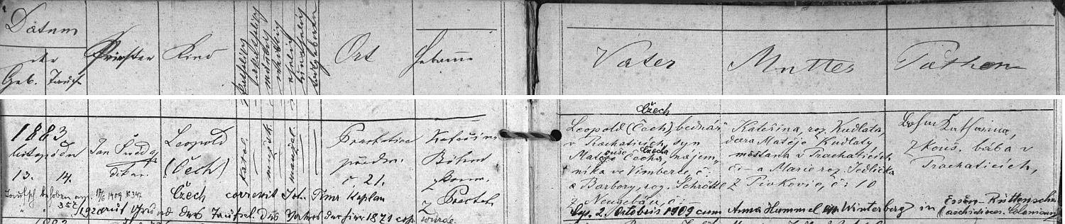 Záznam o jeho narození v prachatické křestní matrice s přípisem o svatbě