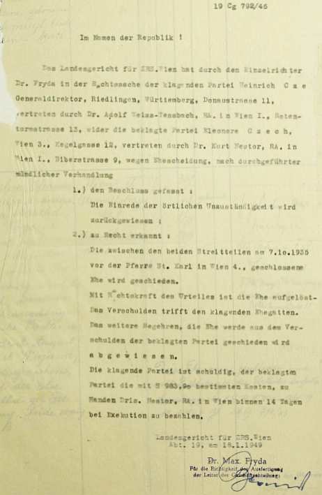 Záznam o svatbě roku 1935 v oddací matrice vídeňské farnosti při kostele sv. Karla Boromejského s přiloženým dokumentem o rozvodu z roku 1949