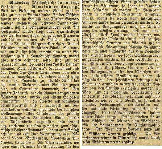 Týden po jeho smrti v dáli referuje budějovický německý list o Čechy "okupovaném" Vimperku, kde to prý "chodí jako v nepřátelské zemi"