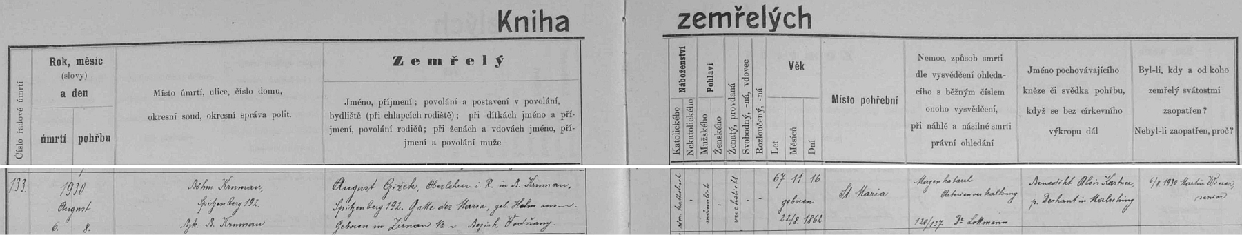Záznam o jeho úmrtí v českokrumlovské knize zemřelých