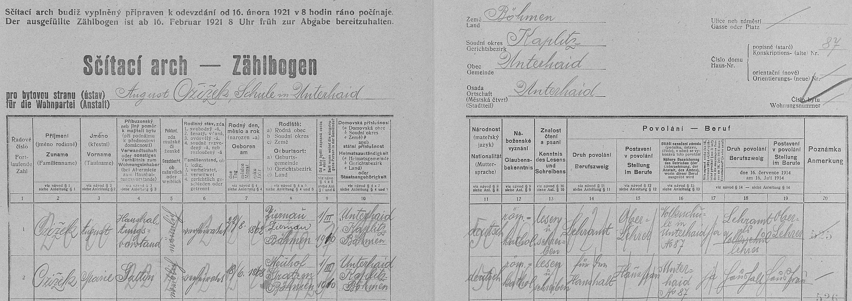 Arch sčítání lidu z roku 1921 pro dům čp. 87 v Dolním Dvořišti s manželi Czižekovými, on sám se tu tituluje jako "Haushalungsvorstand", tj. "přednosta domácnosti"