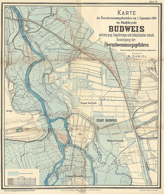 Pozoruhodná mapa rozsahu povodně z roku 1890 v Českých Budějovicích, kterou zpracoval