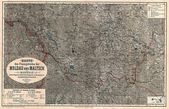 Představy o možnostech budování přehrad na horních tocích Vltavy a Malše na další mapě z jeho knihy
(klikněte na náhled pro digitalizovanou mapu)