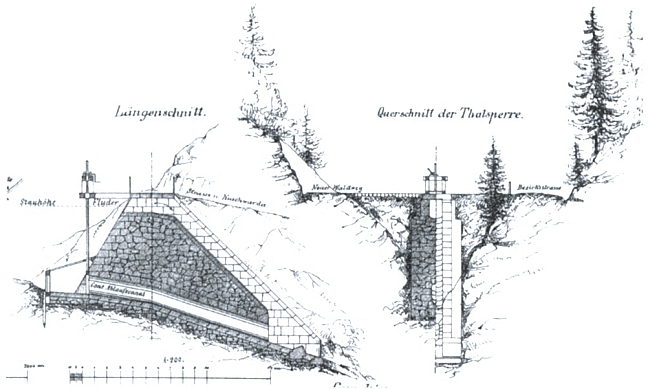 Jeho skica (podélný a příčný řez) zamýšlené hráze přehrady na potoce Kiesbach (dnes Častá) u Kunžvartu (dnes Strážný)