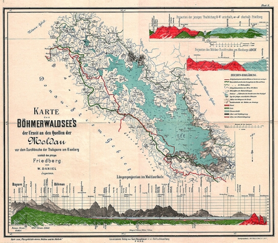 Pravěké šumavské jezero v místech dnešního "lipenského" na jeho mapě z roku 1892
(klikněte na náhled pro digitalizovanou mapu)