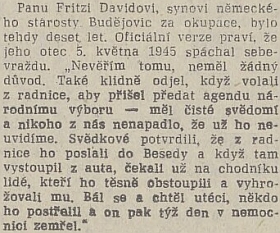 Svědectví jeho syna o otcově smrti na stránkách listu Jihočeská pravda v článku Blanky Pirnosové z roku 1990