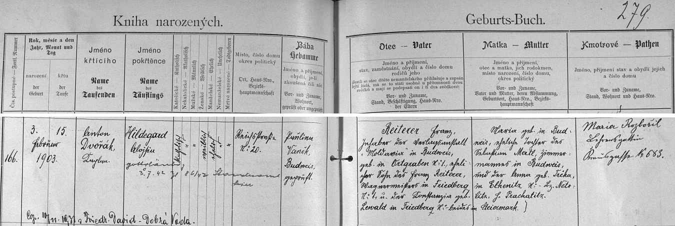 Záznam českobudějovické křestní matriky o narození jeho manželky s dodatečným přípisem o její svatbě s ním roku 1931 "in Dobrá Voda"